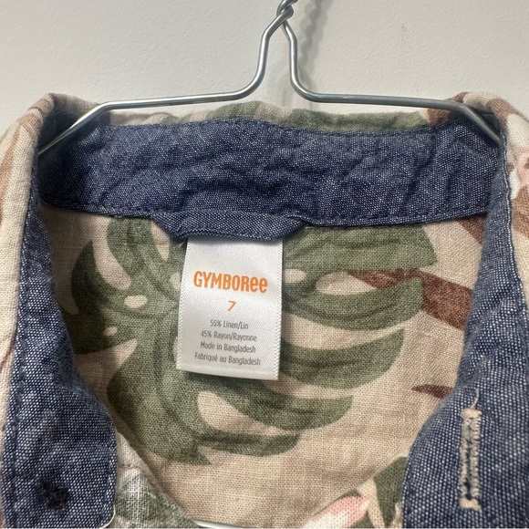 Gymboree Boys Size 7 Tropical Short Sleeve Linen Blend Shirt Tan Green Brown - Picture 2 of 5